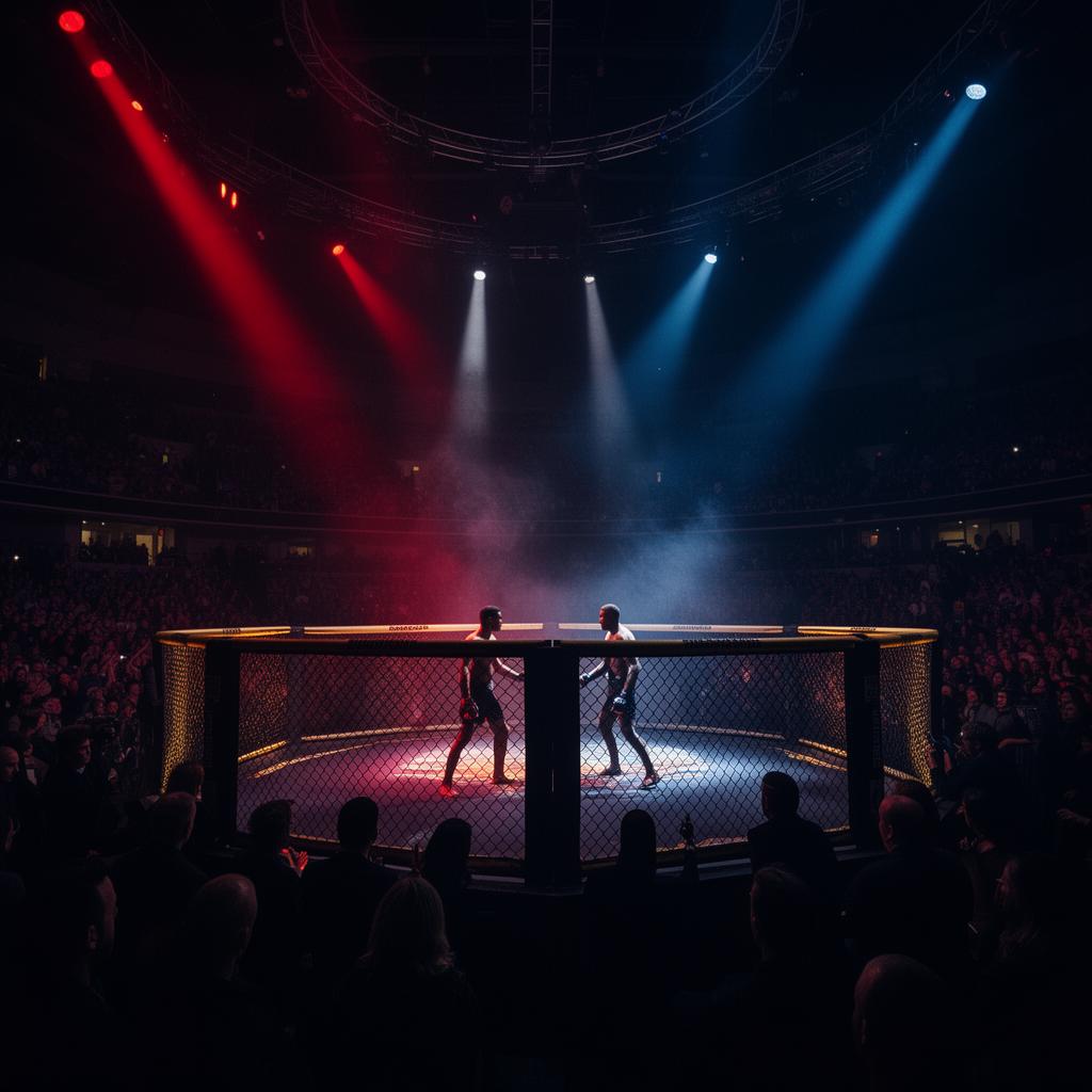 MMA-häkki dramaattisesti valaistuna, kaksi taistelijaa siluettina